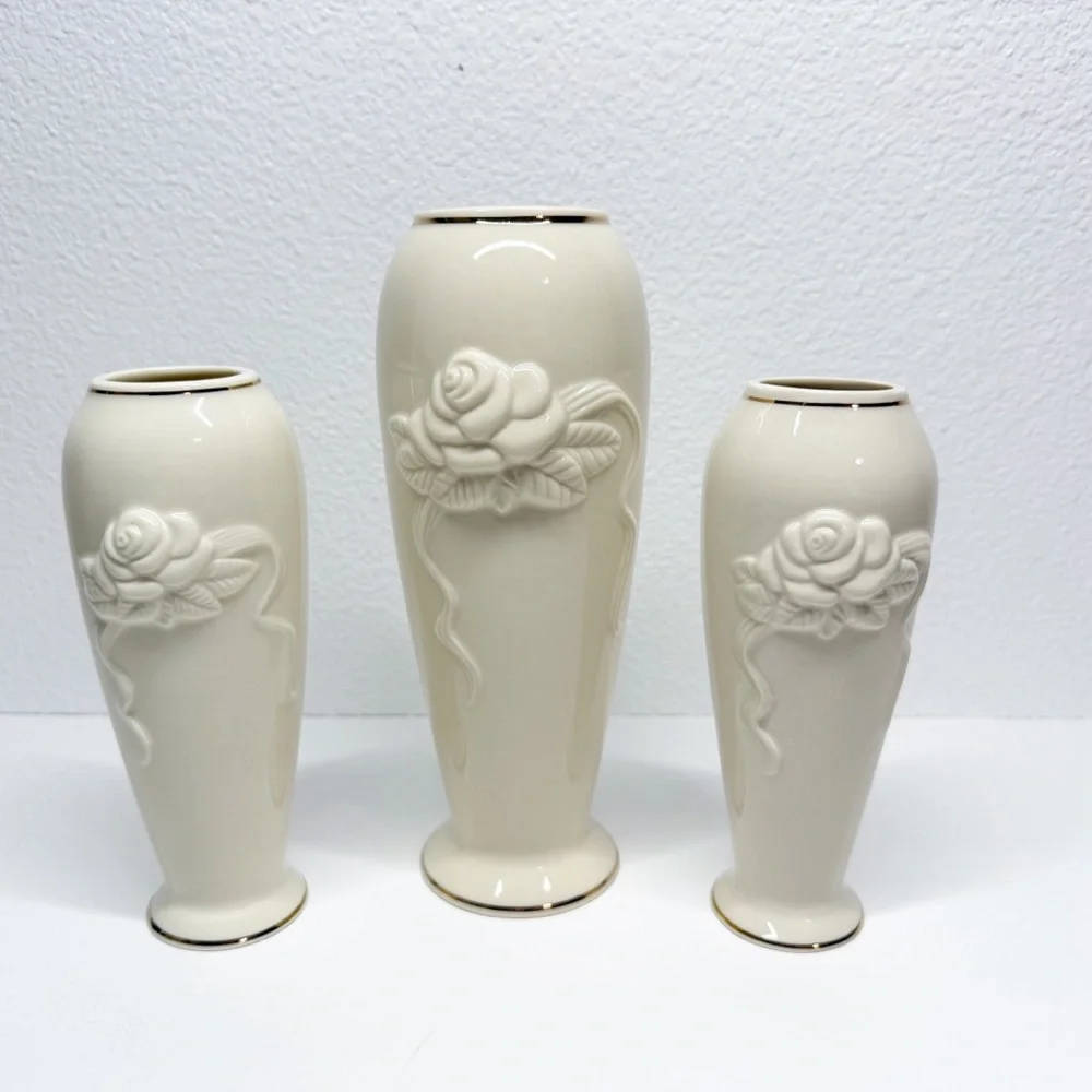 Lenox Gold Trim Rose Blossom Bud Vases Set of 3